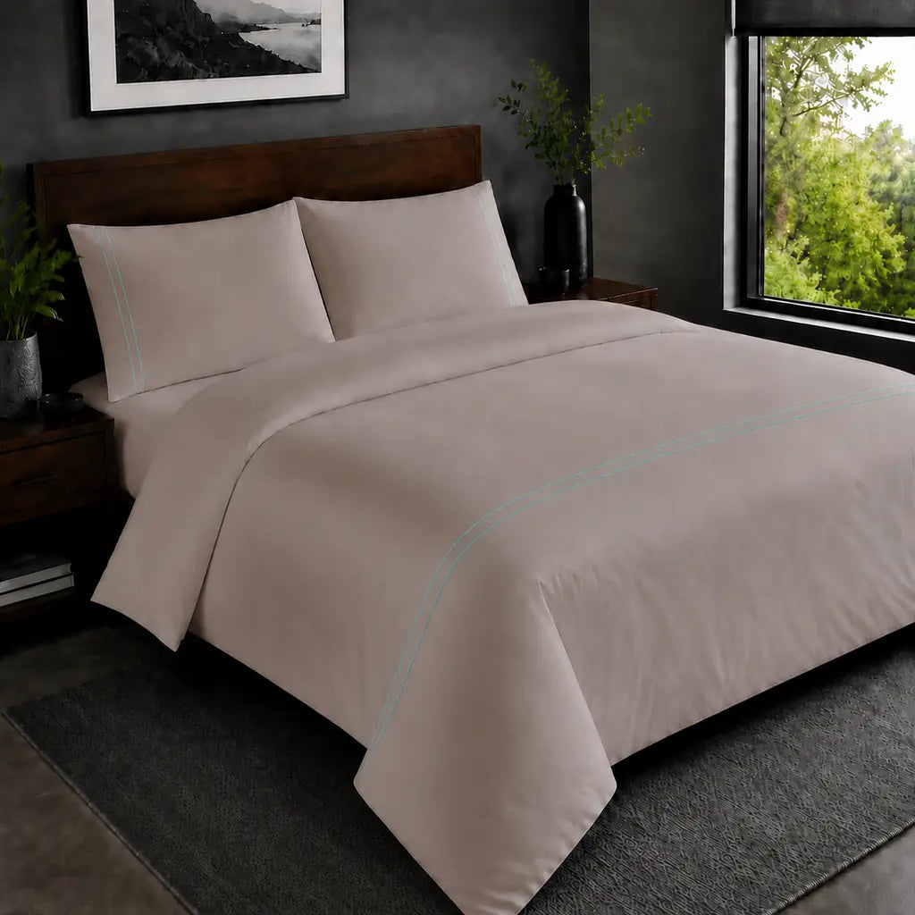 Stone 200TC plain duvet cover with Duck Egg two row satin stitch - hero - Linen and Co