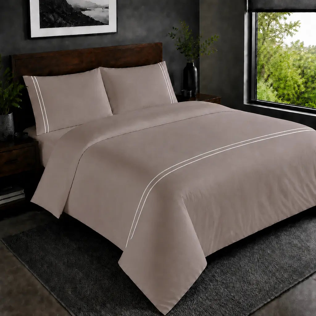Stone 200TC plain duvet cover with White two row satin stitch - hero - Linen and Co