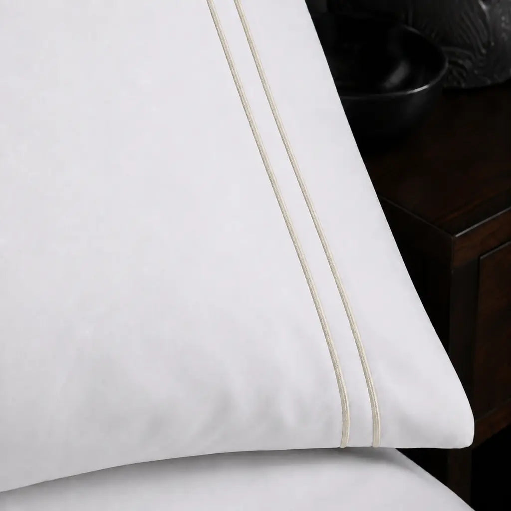 White 200TC plain duvet cover with Cream two row satin stitch - satin stitch close-up - Linen and Co