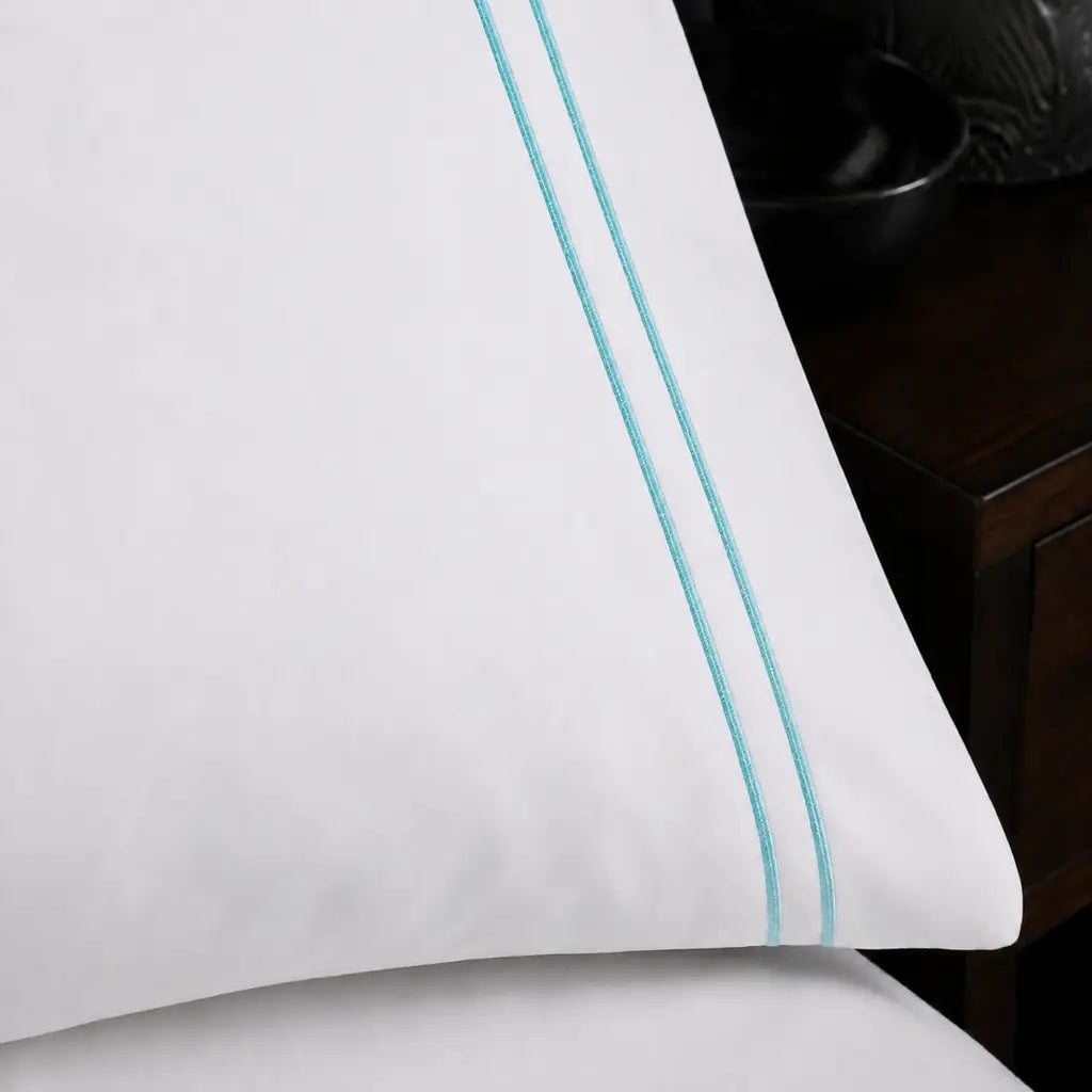 White 200TC plain duvet cover with Duck Egg two row satin stitch - satin stitch close-up - Linen and Co