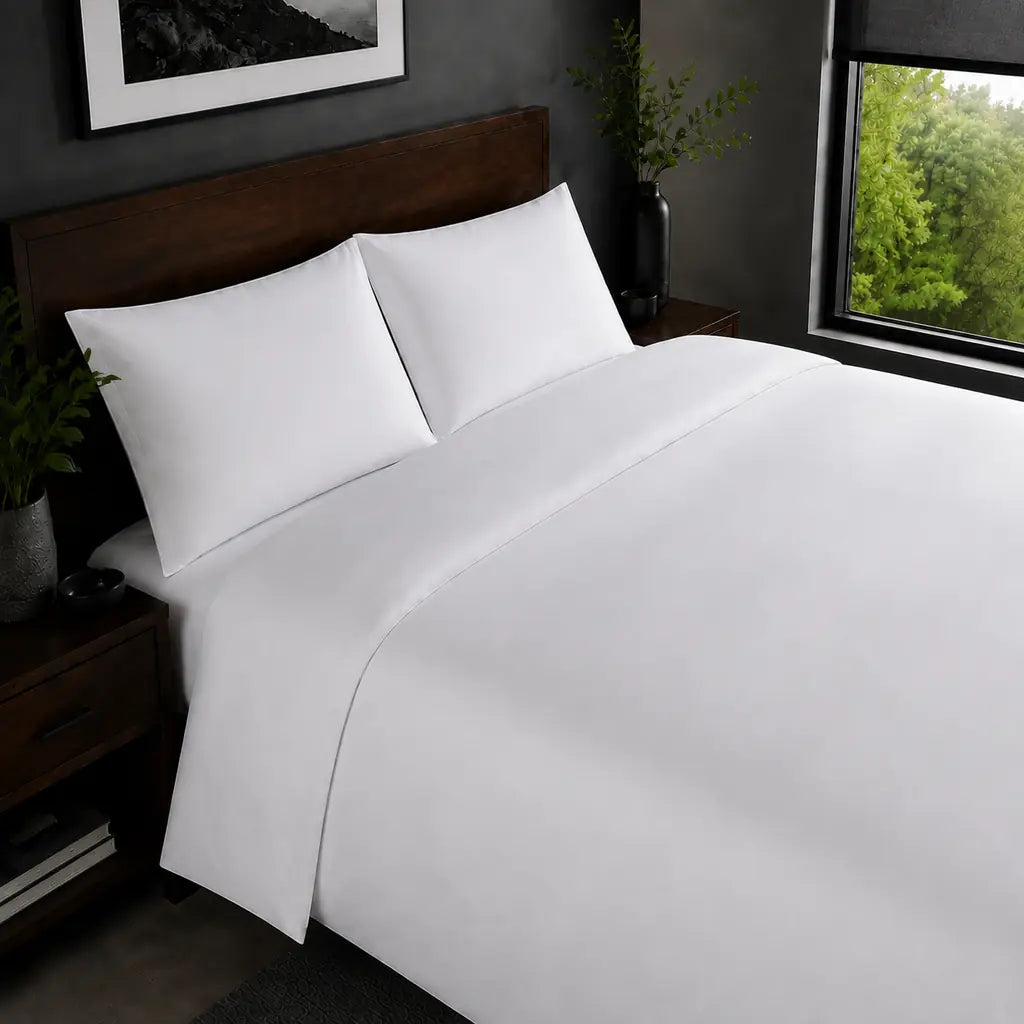 White 200TC plain duvet cover with no satin stitch - on the bed - Linen and Co