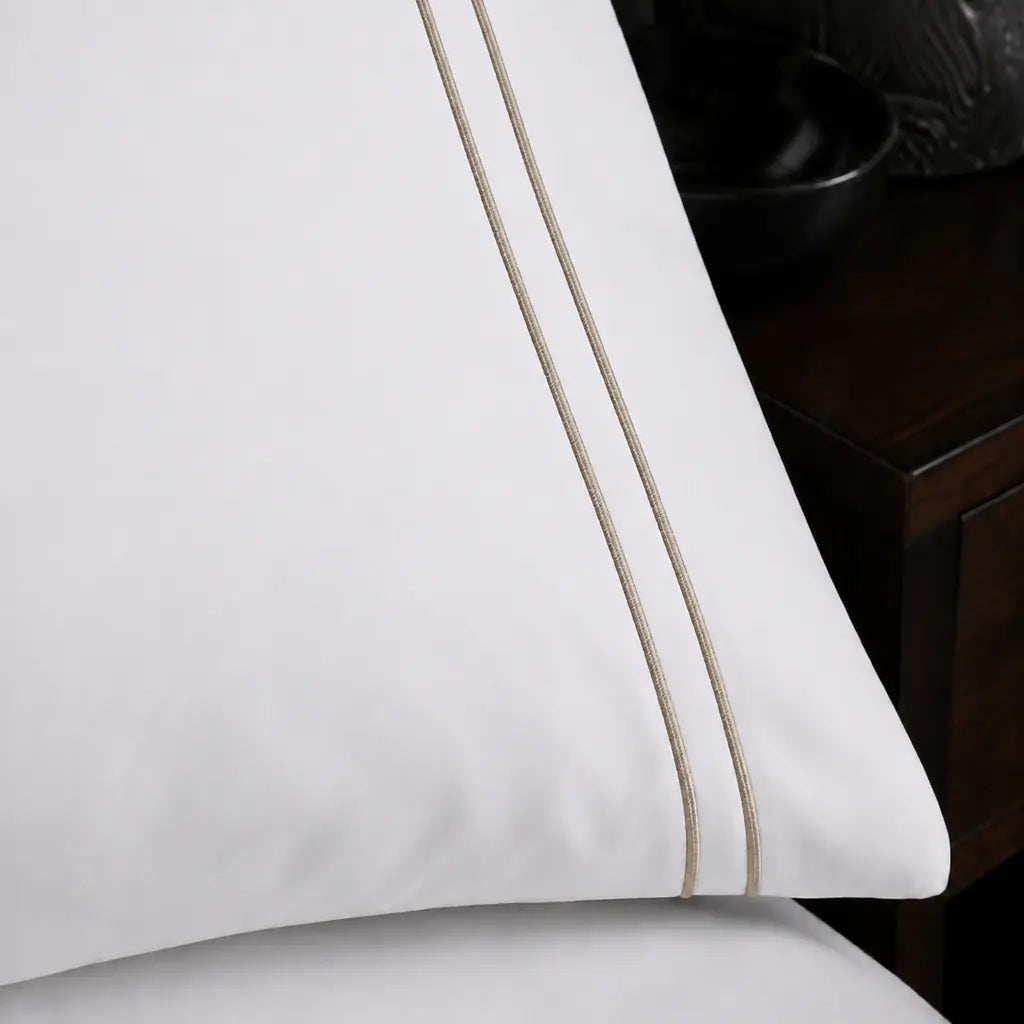 White 200TC plain duvet cover with Stone two row satin stitch - satin stitch close-up - Linen and Co