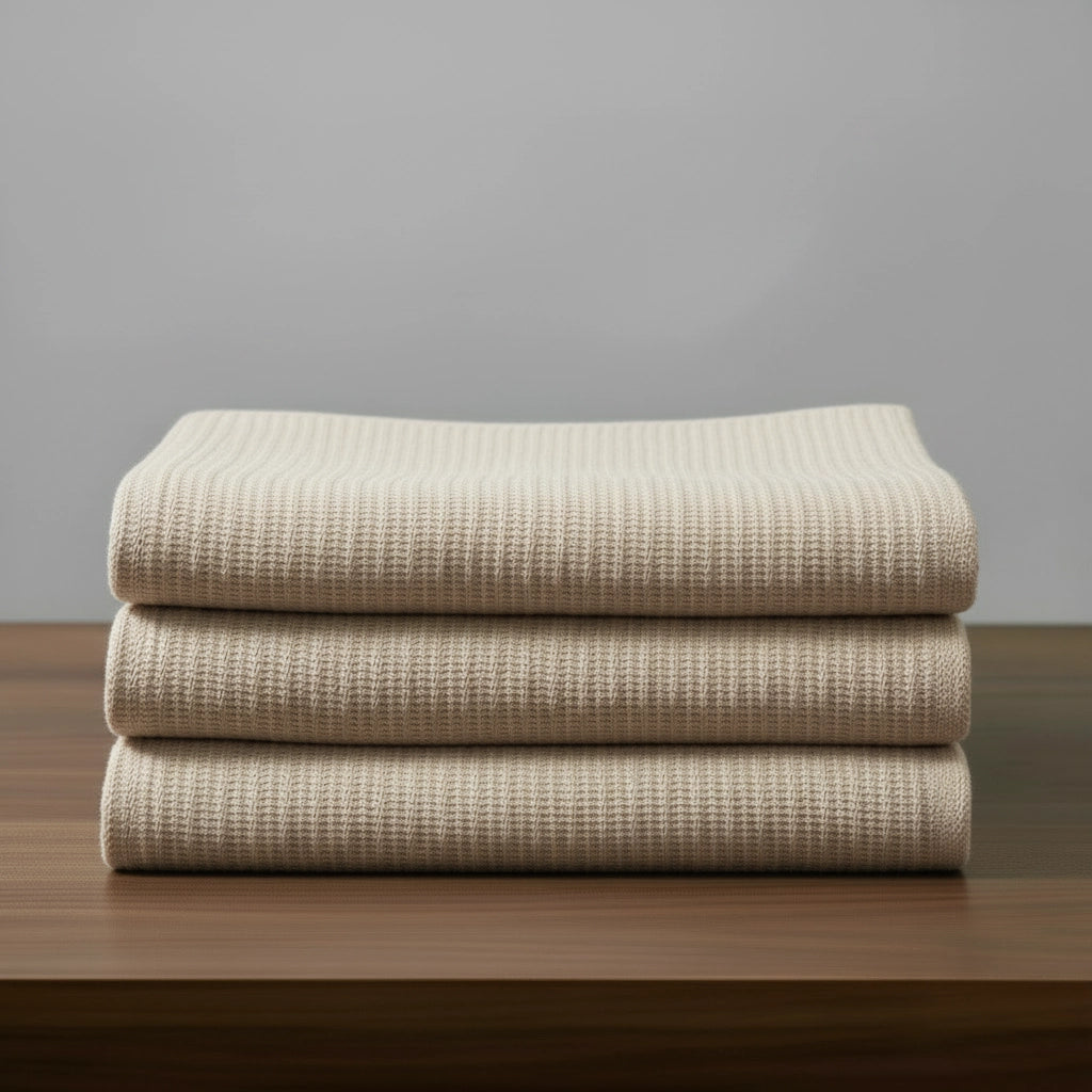 Pebble cotton cellular blanket by Linen and Co, neatly folded to showcase breathable cellular knit texture for hospitality and home.