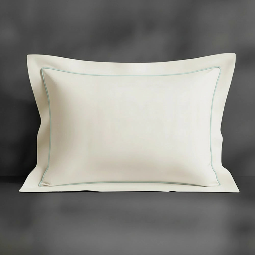 Cream Oxford pillowcase with duck egg satin stitch by Linen and Co - premium bed linen