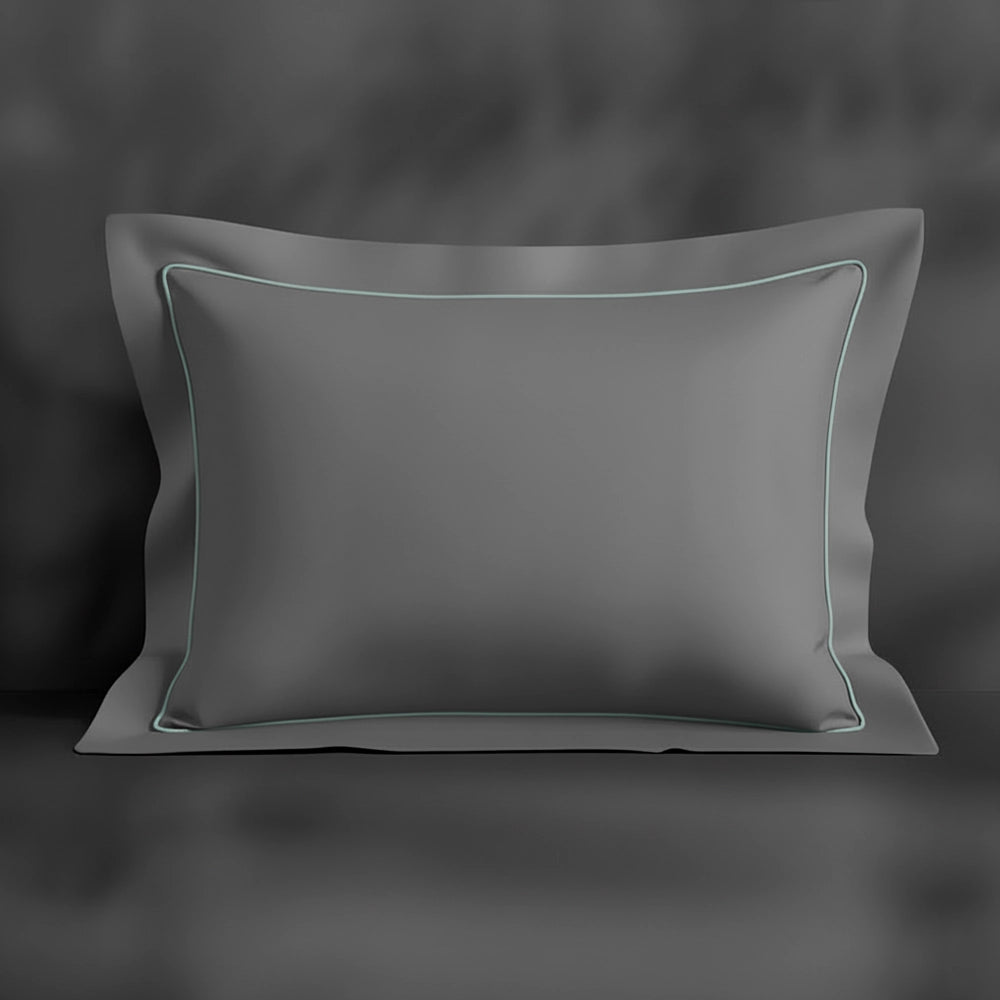Grey Oxford pillowcase with duck egg satin stitch by Linen and Co - premium bed linen