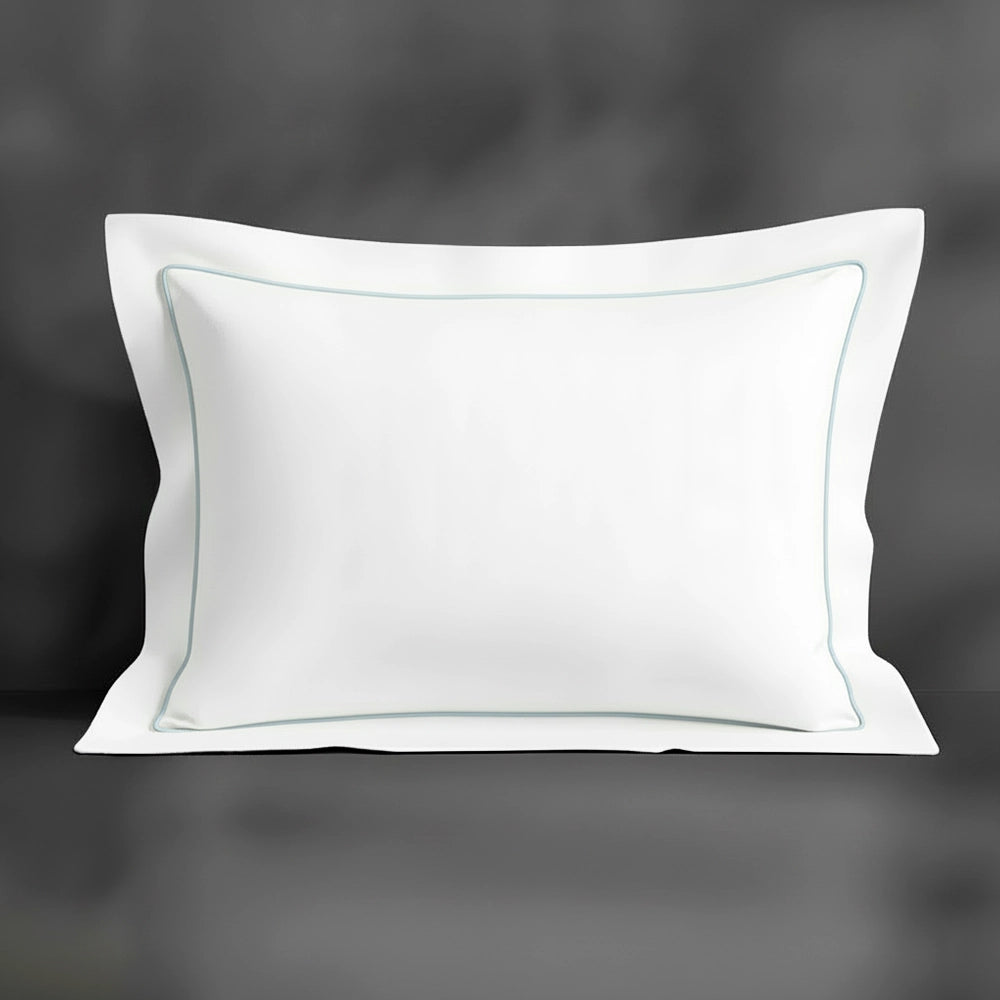 White Oxford pillowcase with duck egg satin stitch by Linen and Co - premium bed linen