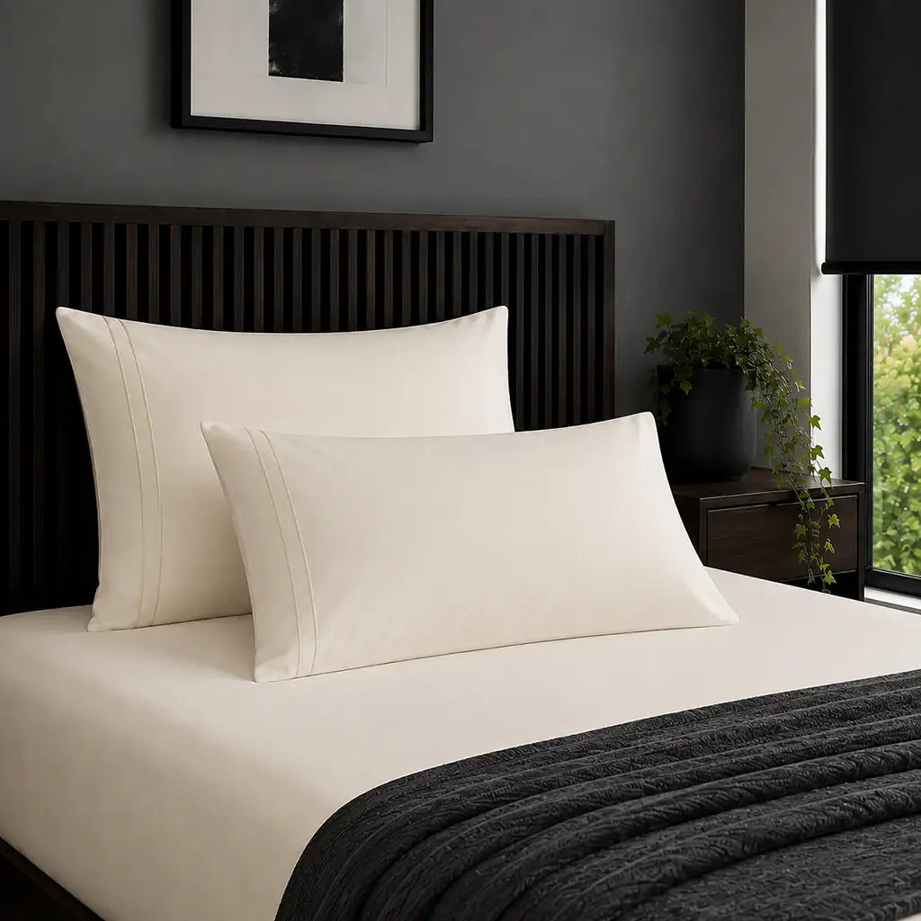 Plain cream 200TC 100% cotton percale pillowcases with two row cream satin stitch border by Linen and Co