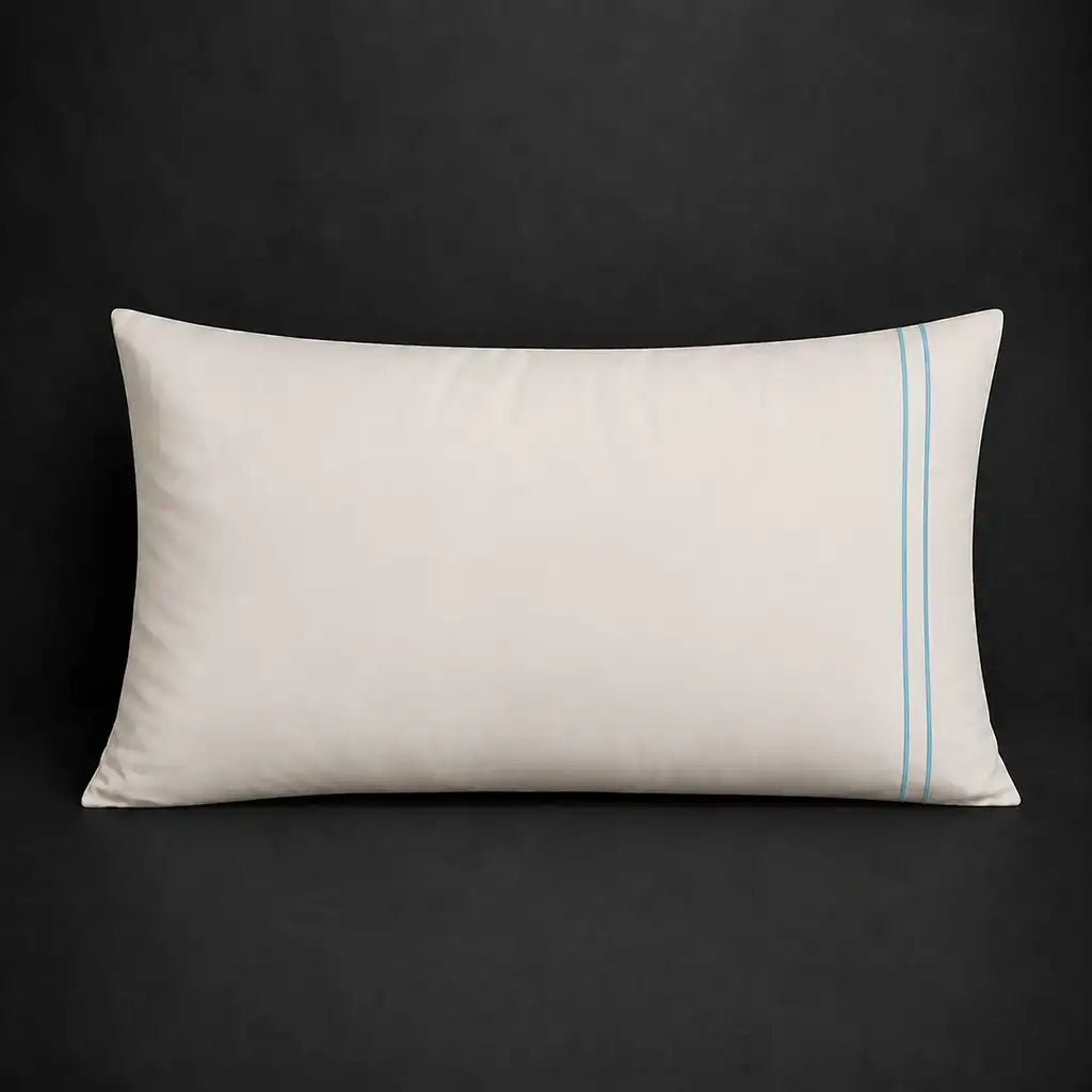 Cream plain 200TC 100% cotton percale pillowcase for Standard and King sizes with two row duck egg satin stitch border by Linen and Co