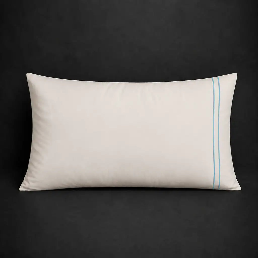 Cream plain 200TC polycotton percale pillowcase for Standard and King sizes with two row duck egg satin stitch border by Linen and Co