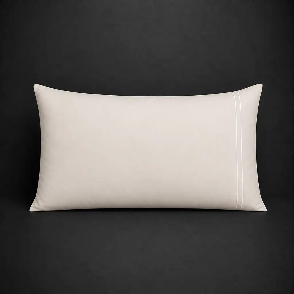 Cream plain 200TC polycotton percale pillowcase for Standard and King sizes with two row white satin stitch border by Linen and Co