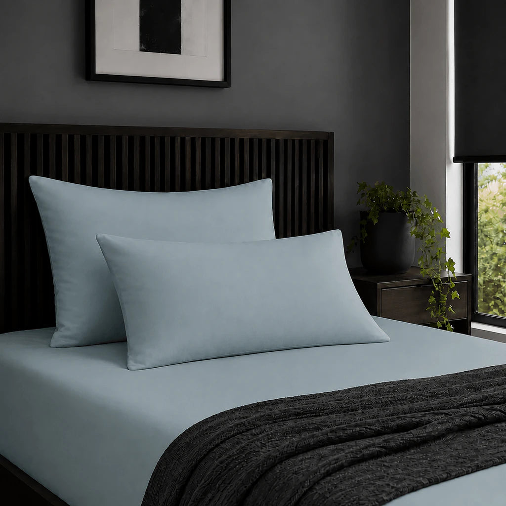 Plain duck egg 200TC 100% cotton percale pillowcases with no satin stitch border by Linen and Co
