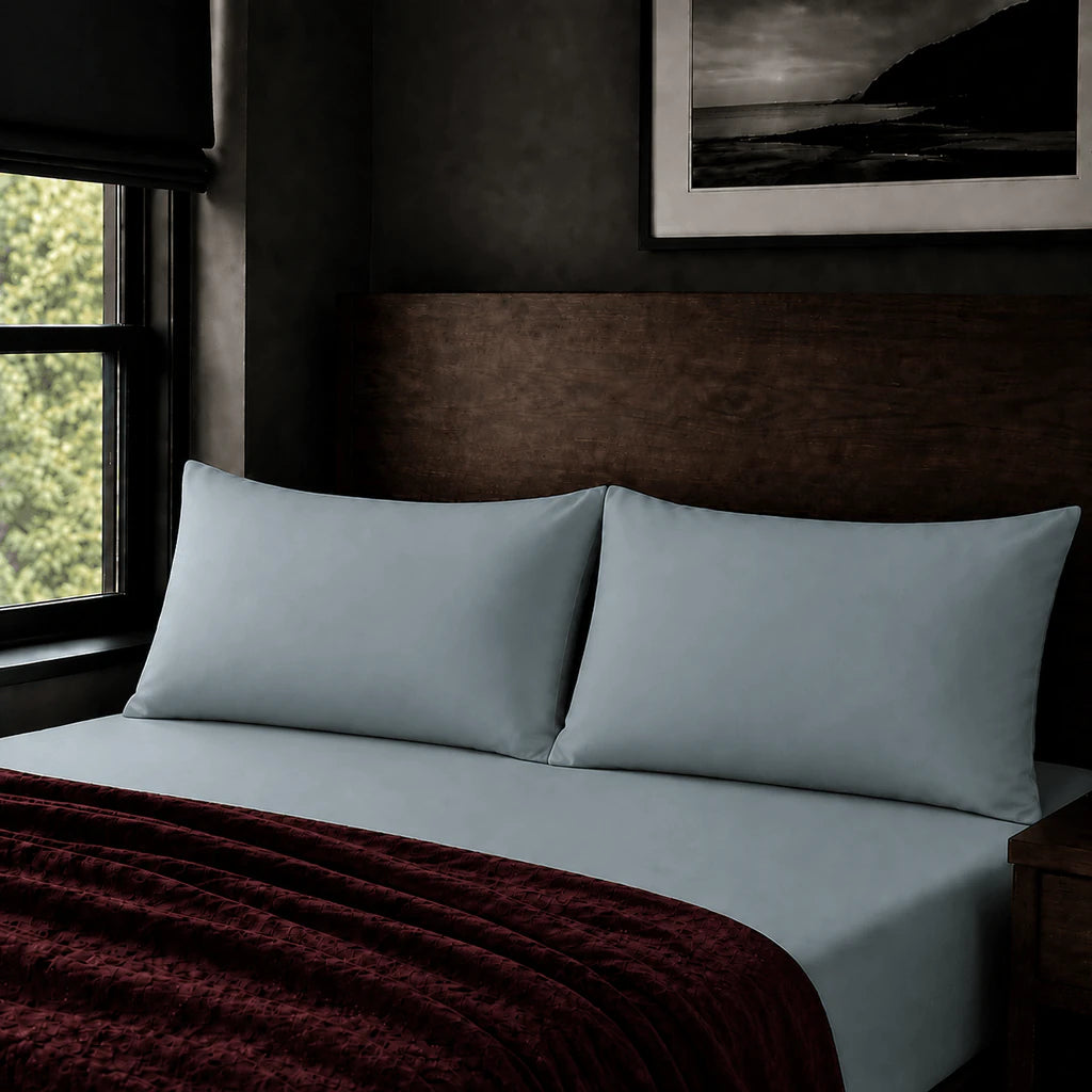 Plain duck egg 200TC polycotton percale pillowcases with no satin stitch border by Linen and Co