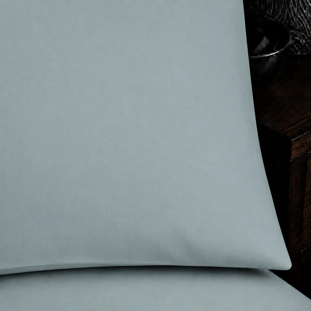 Close-up of duck egg pillowcase with no satin stitch border by Linen and Co