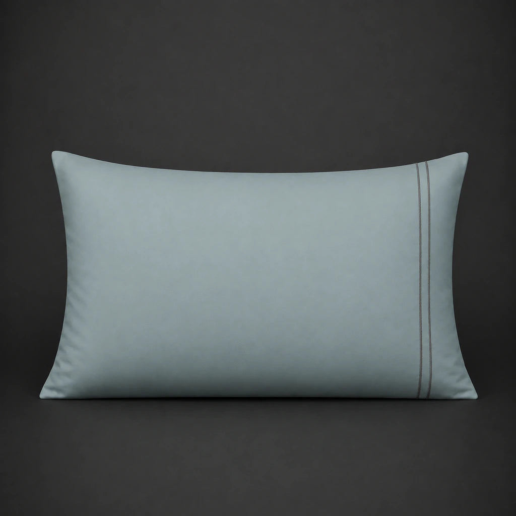 Duck Egg plain 200TC polycotton percale pillowcase for Standard and King sizes with two row grey satin stitch border by Linen and Co