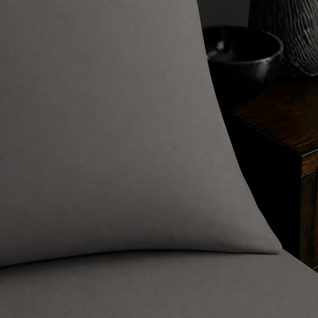 Close-up of grey pillowcase with no satin stitch border by Linen and Co
