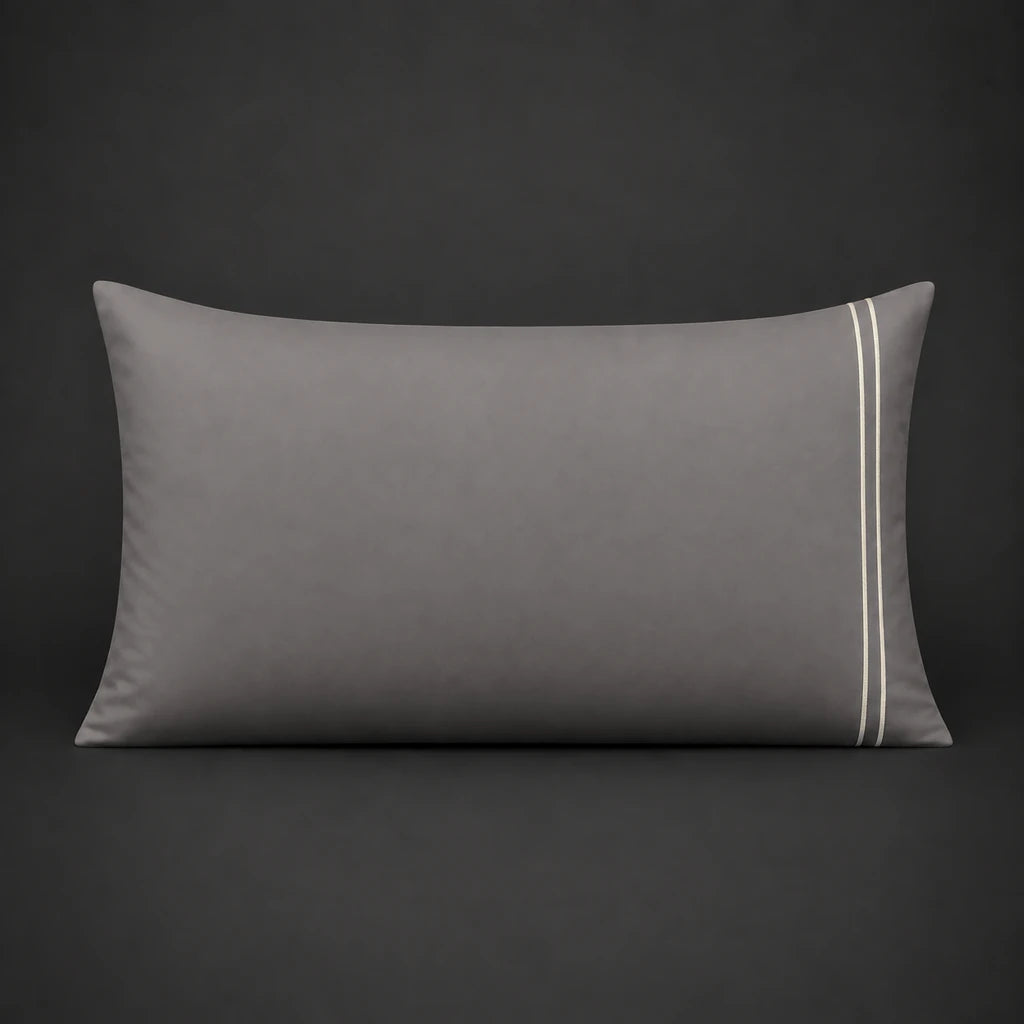 Grey plain 200TC 100% cotton percale pillowcase for Standard and King sizes with two row cream satin stitch border by Linen and Co