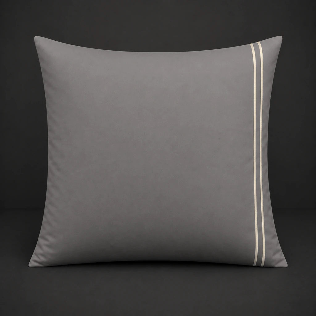 Grey plain 200TC polycotton percale continental pillowcase with two row cream satin stitch border by Linen and Co
