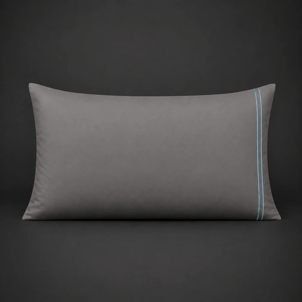 Grey plain 200TC 100% cotton percale pillowcase for Standard and King sizes with two row duck egg satin stitch border by Linen and Co
