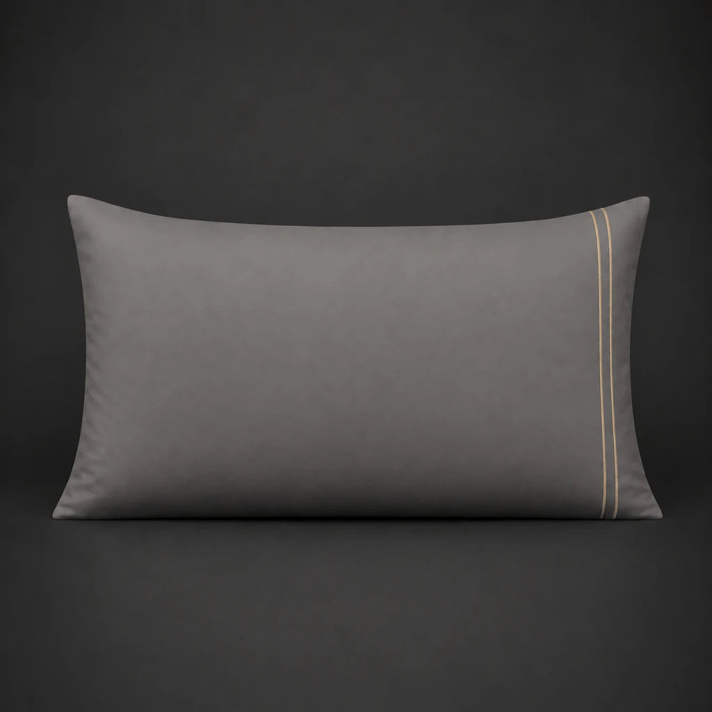 Grey plain 200TC 100% cotton percale pillowcase for Standard and King sizes with two row stone satin stitch border by Linen and Co
