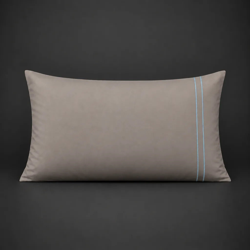 Stone plain 200TC polycotton percale pillowcase for Standard and King sizes with two row duck egg satin stitch border by Linen and Co