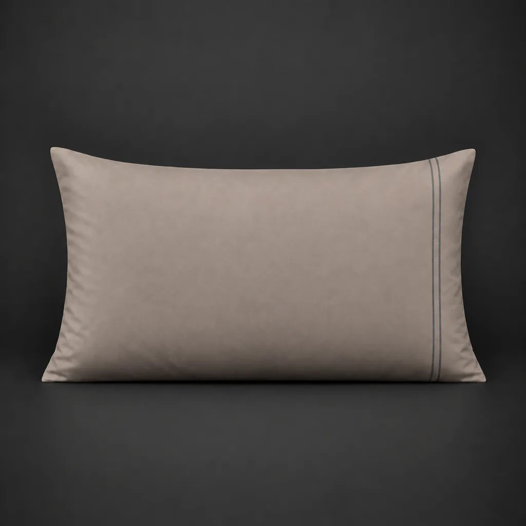 Stone plain 200TC 100% cotton percale pillowcase for Standard and King sizes with two row grey satin stitch border by Linen and Co