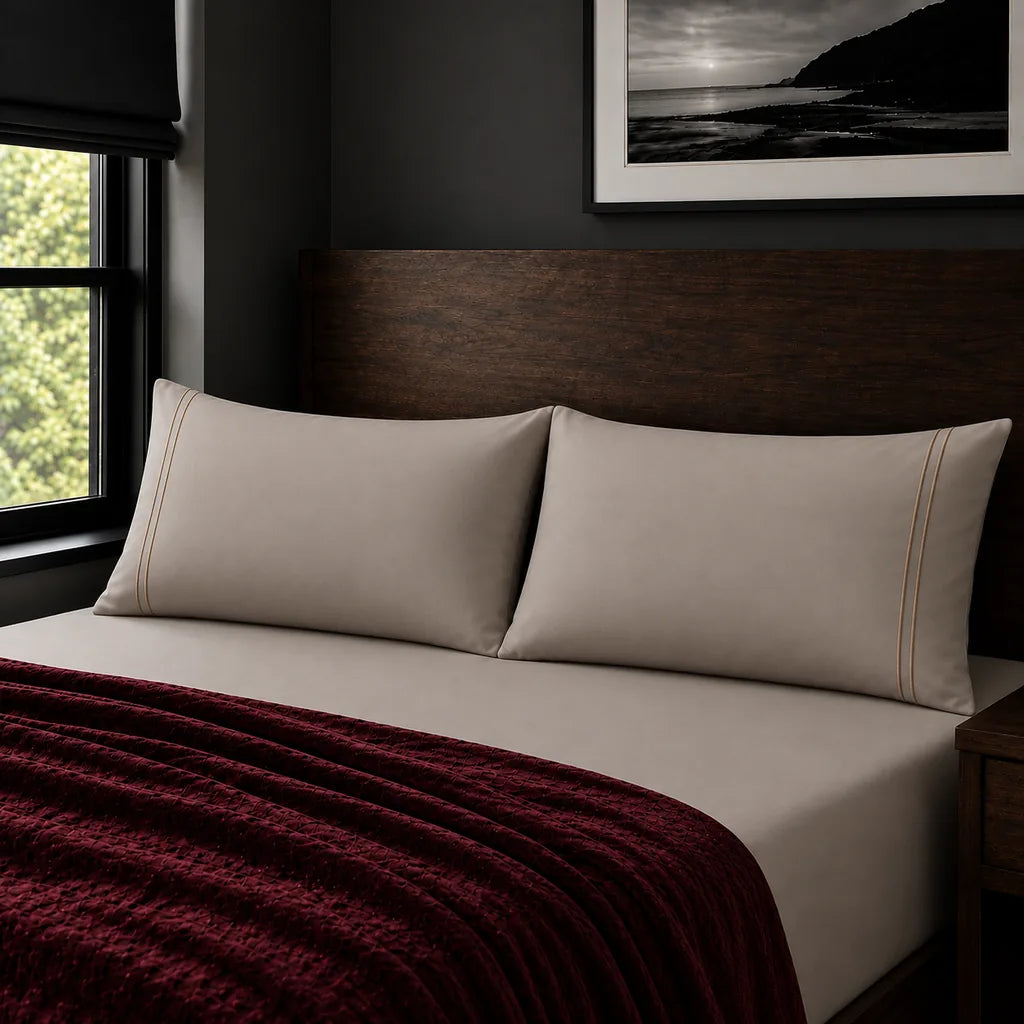 Plain stone 200TC polycotton percale pillowcases with two row stone satin stitch border by Linen and Co