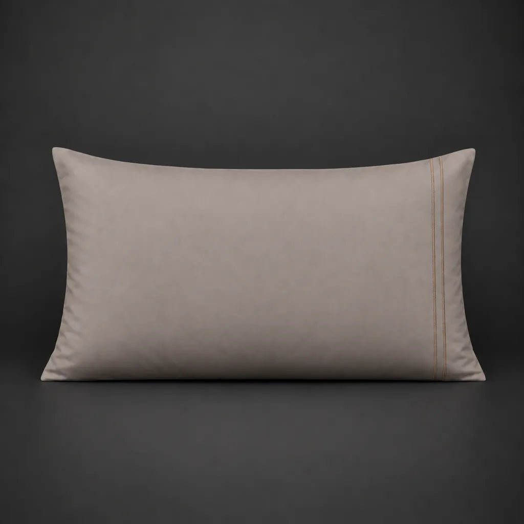 Stone plain 200TC polycotton percale pillowcase for Standard and King sizes with two row stone satin stitch border by Linen and Co