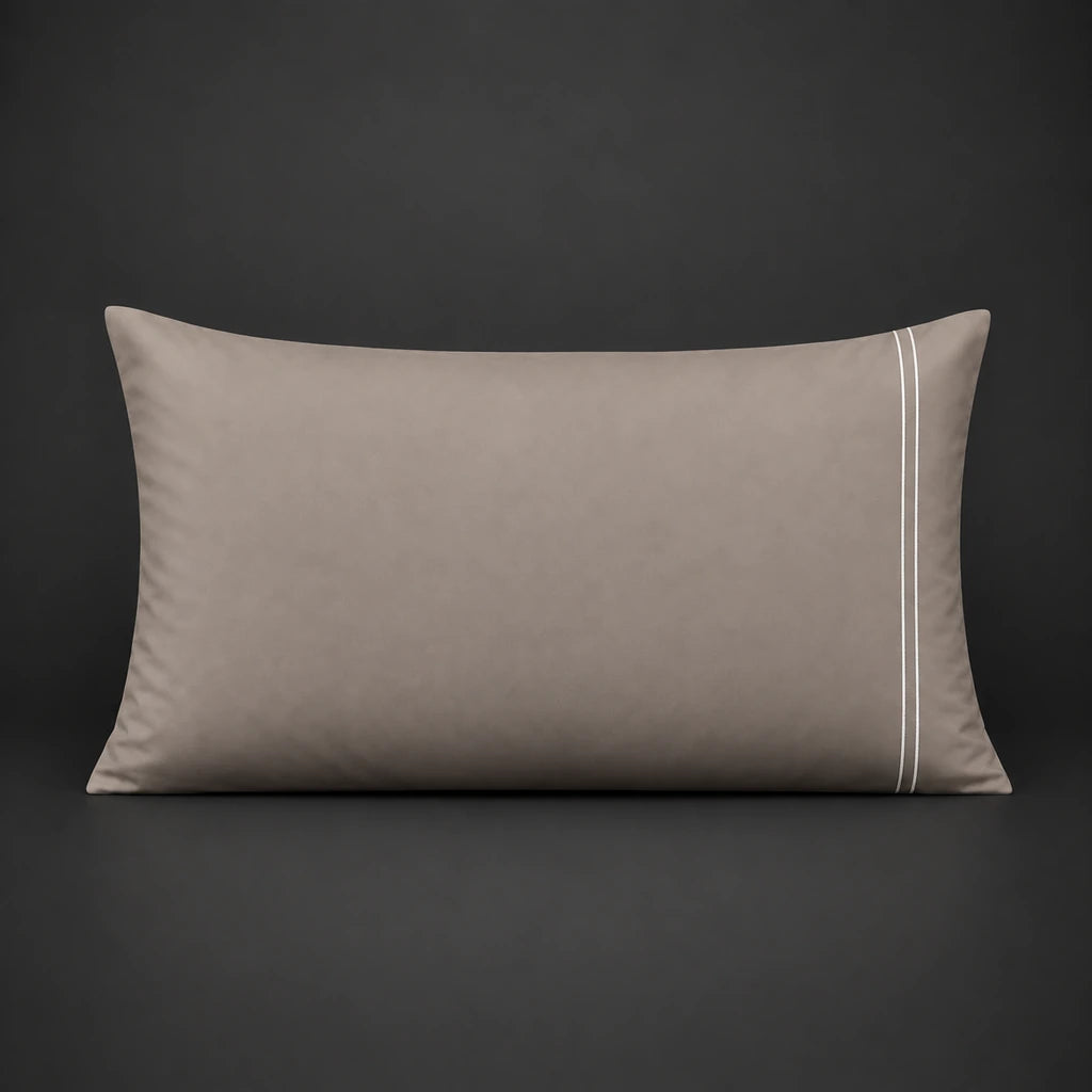 Stone plain 200TC polycotton percale pillowcase for Standard and King sizes with two row white satin stitch border by Linen and Co