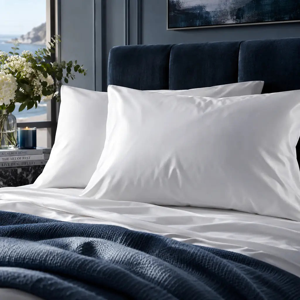 Plain white 300TC 100% cotton percale pillowcases with no satin stitch border by Linen and Co