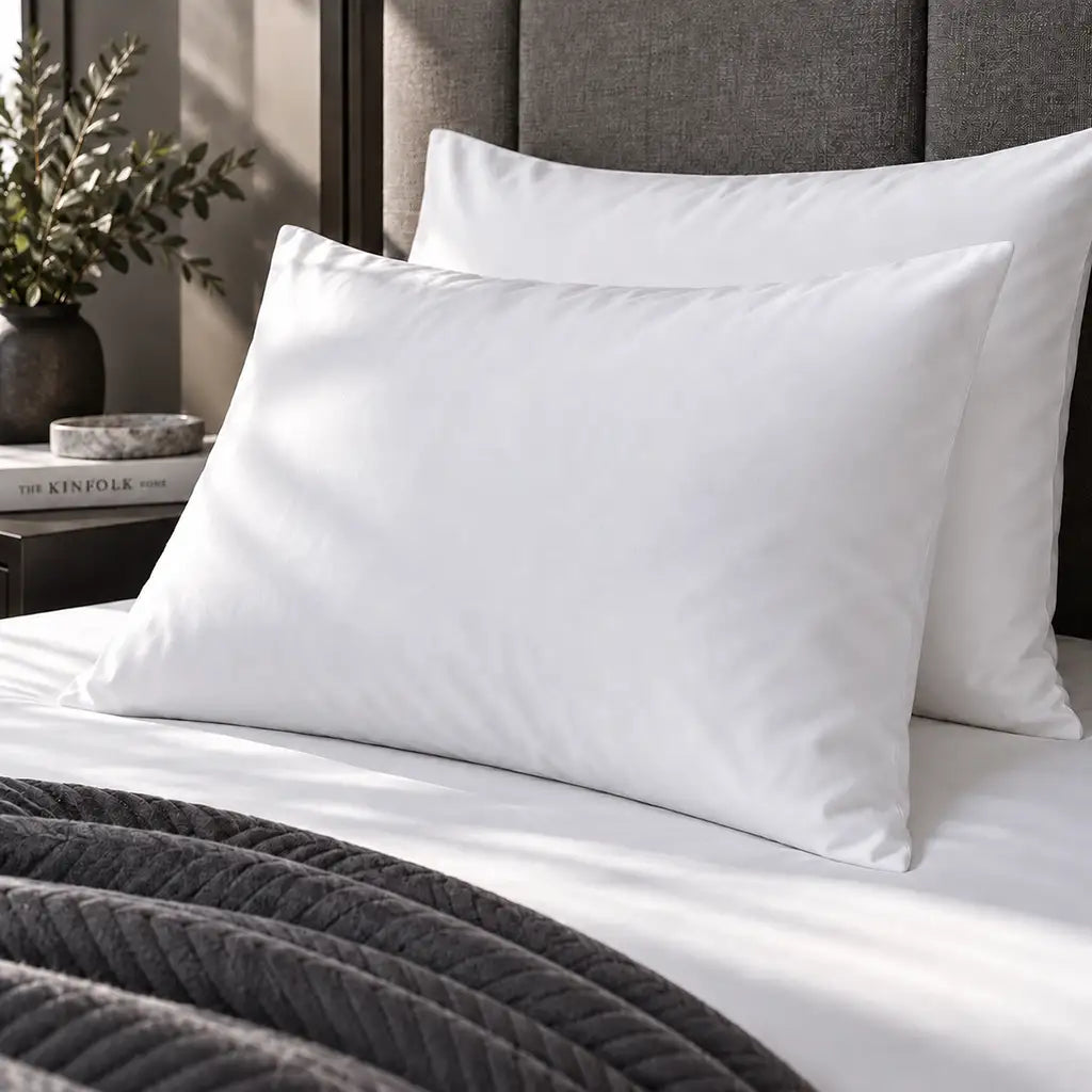 Plain white 200TC polycotton percale pillowcases with no satin stitch border by Linen and Co