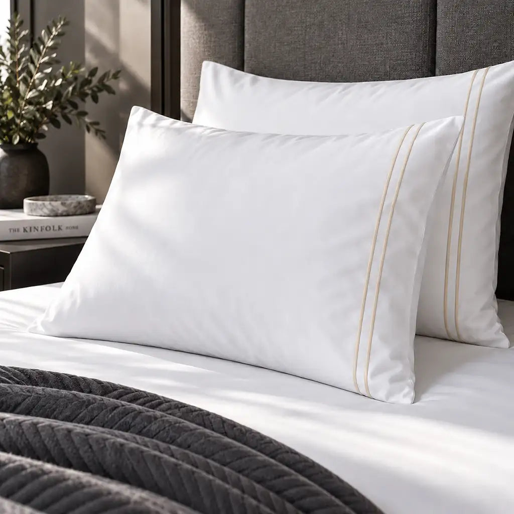 Plain white 200TC polycotton percale pillowcases with two row cream satin stitch border by Linen and Co