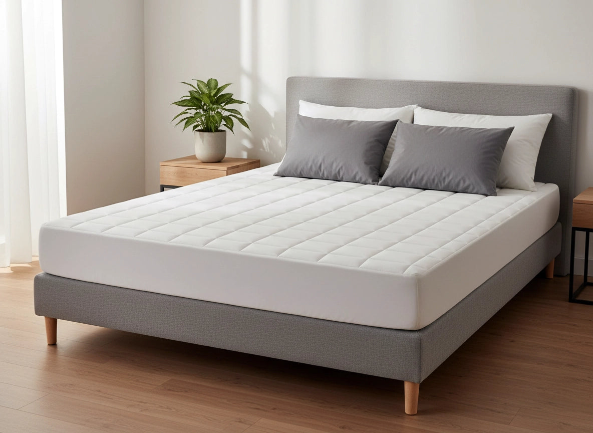 Quilted mattress convertor on bed, Linen and Co, hospitality and residential quality