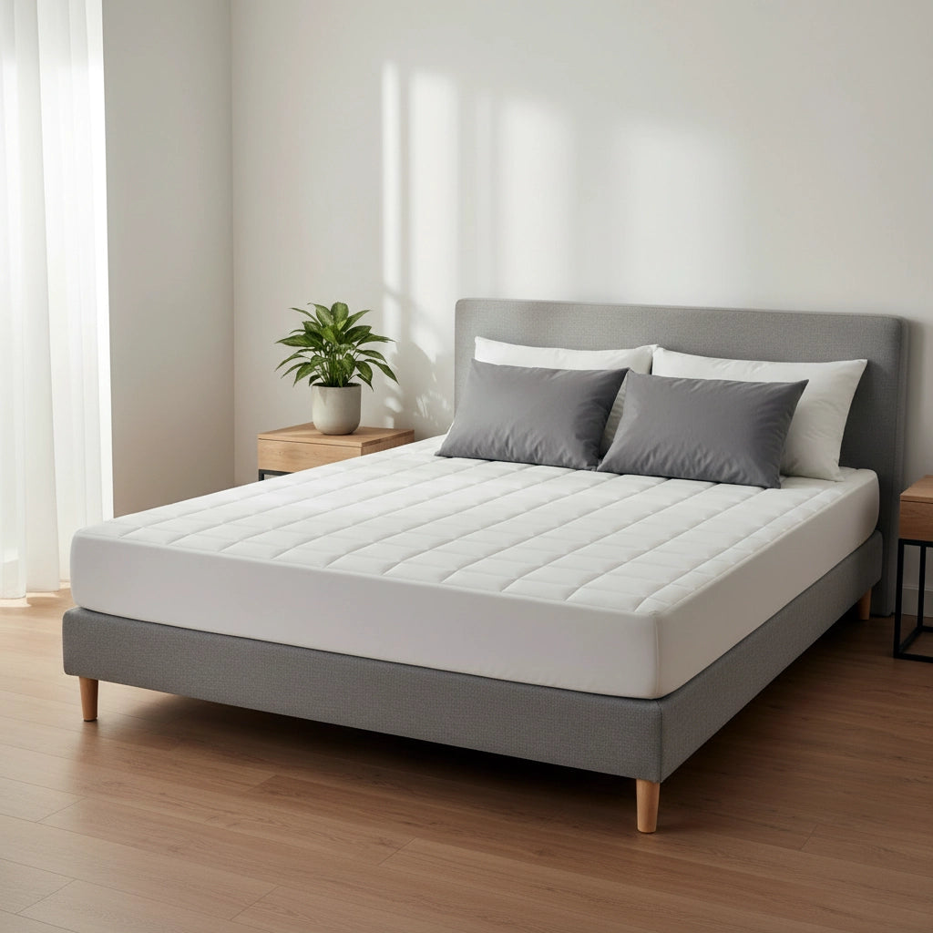 Quilted mattress convertor on bed, Linen and Co, hospitality and residential quality