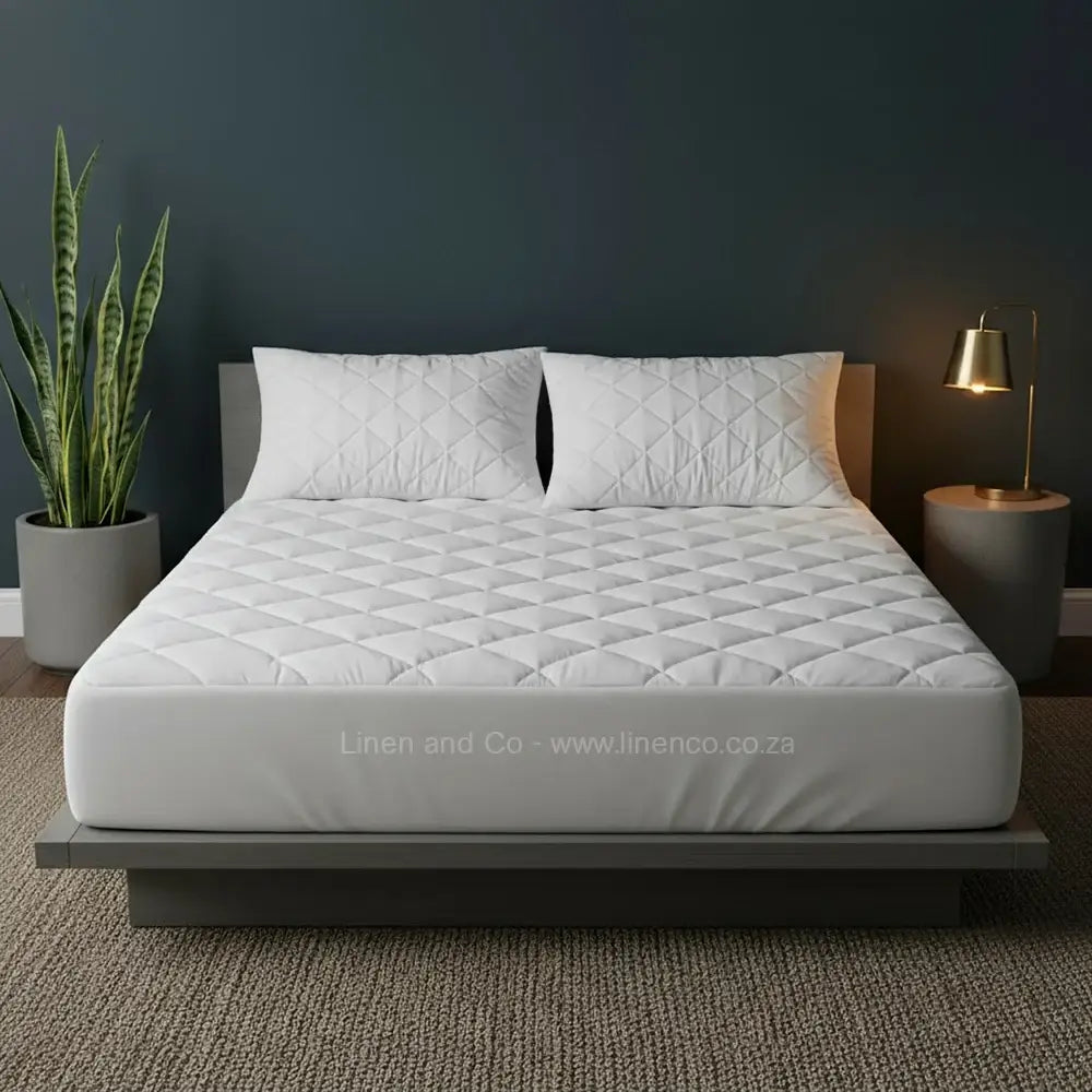 White quilted mattress protector displayed on styled bed with pillows, potted plant, and gold bedside lamp in modern bedroom setting, showcasing premium hospitality-grade waterproof protection by Linen & Co