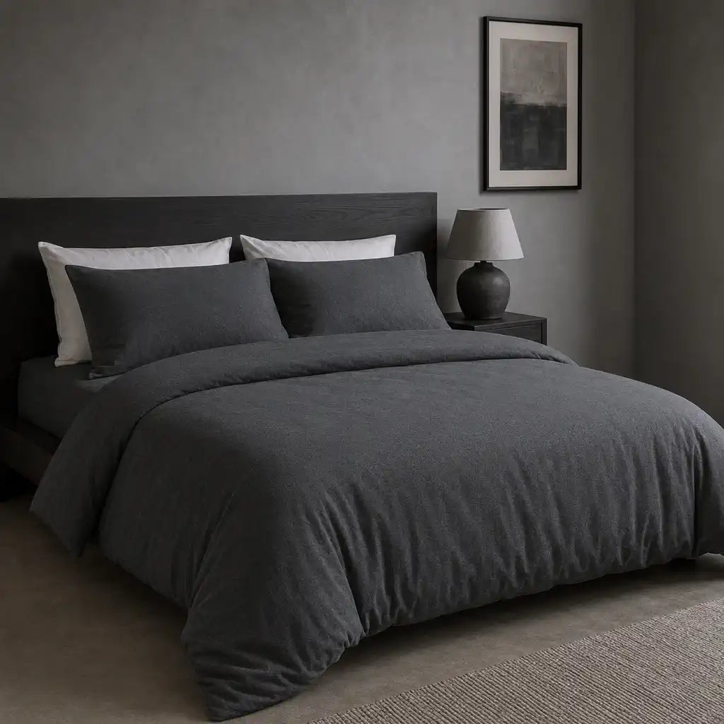 Charcoal cotton jersey duvet cover set styled on a bed