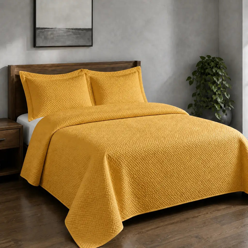 Mustard Rome Quilted Bedspread Set - Hero room view