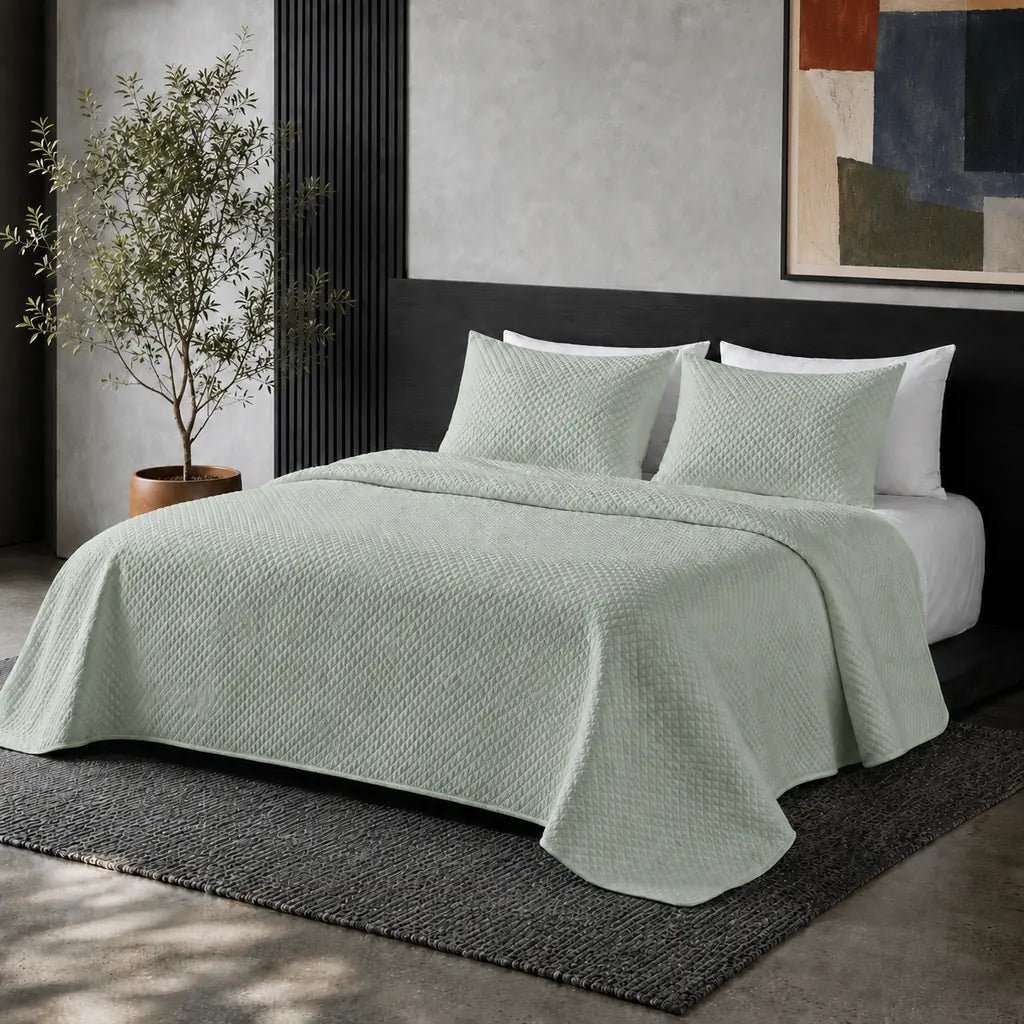 Simon Baker Stonewashed Microfibre Quilted Bedspread Set in Marine