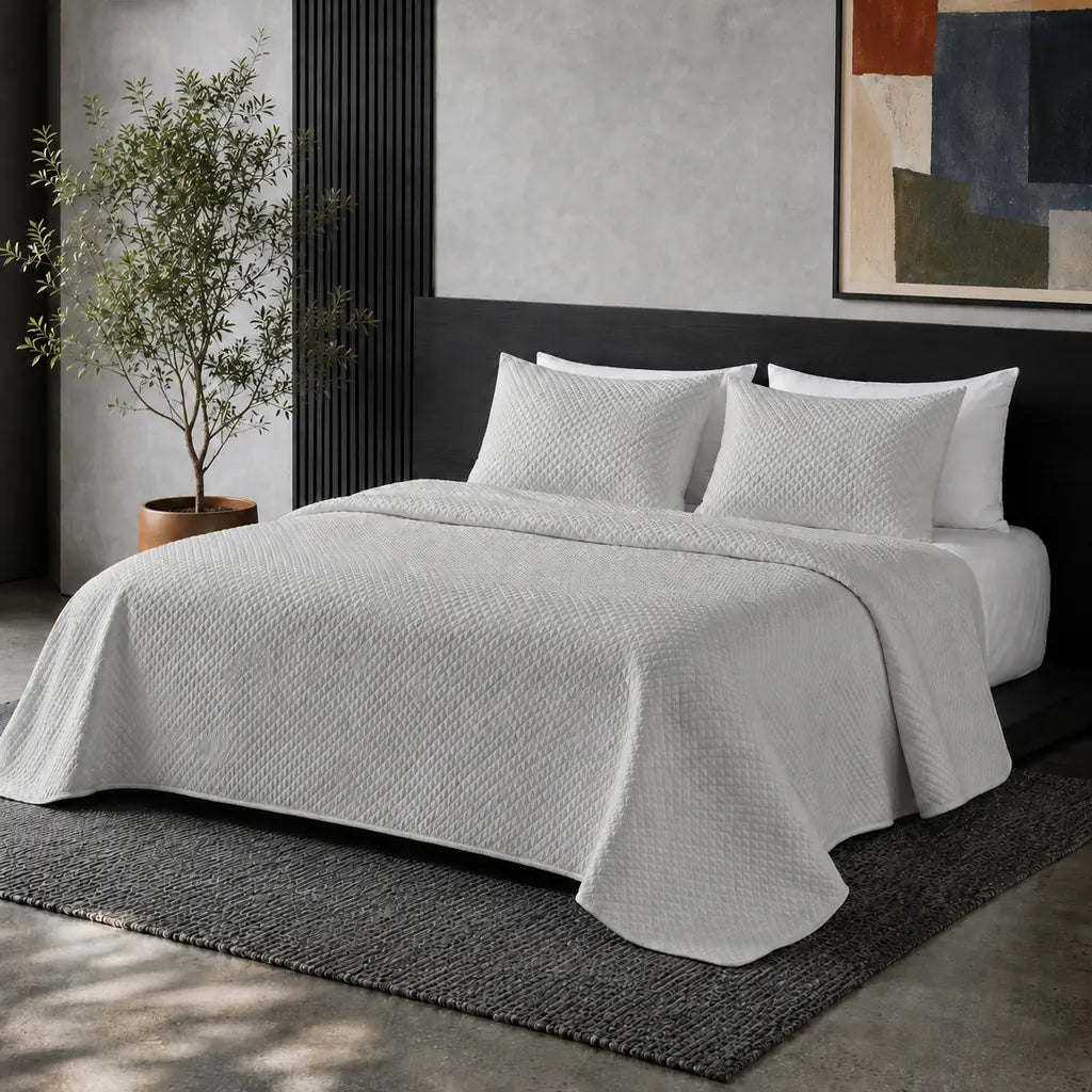 Simon Baker Stonewashed Microfibre Quilted Bedspread Set in Platinum