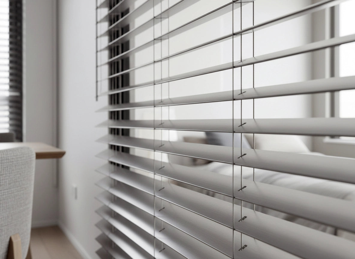 Close-up of silver aluminium blinds in modern interior, designed for light control and privacy by Linen and Co