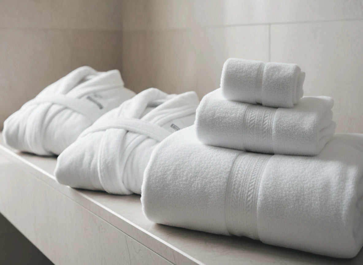 Premium white spa towels and bathrobes neatly folded on a stone ledge, showcasing luxury hospitality bath linen by Linen and Co.