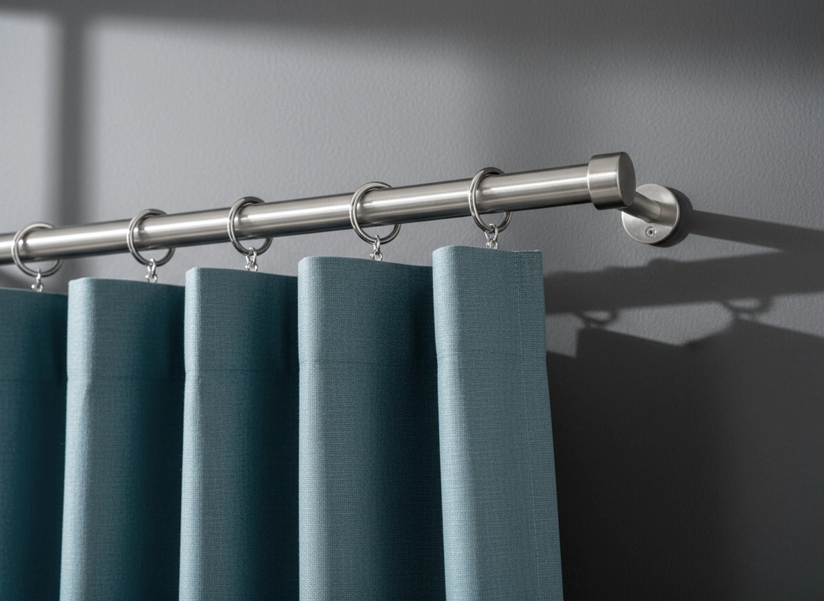 Stainless Steel curtain rod with rings and duck egg curtains, premium quality for hospitality and residential interiors by Linen and Co