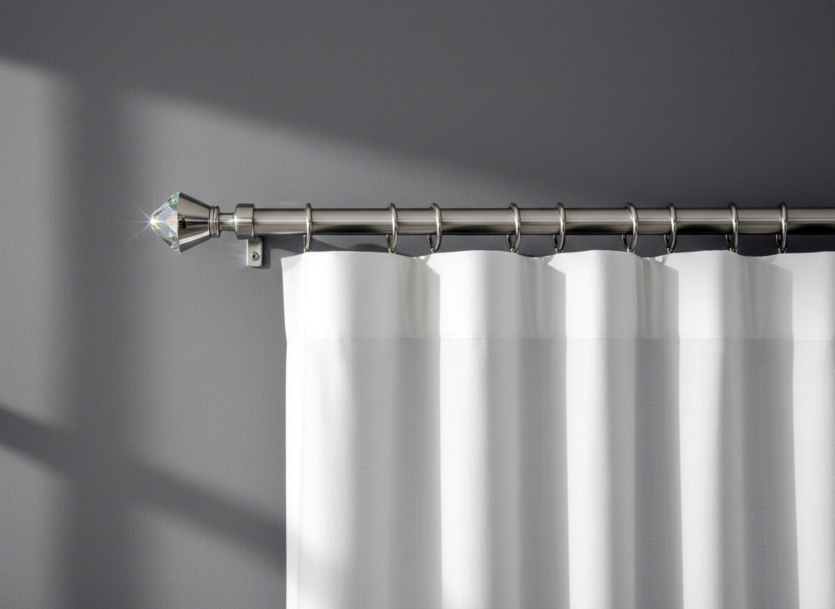 Stainless steel curtain rods and accessories with contemporary finish, built for longevity in hospitality and residential interiors by Linen and Co