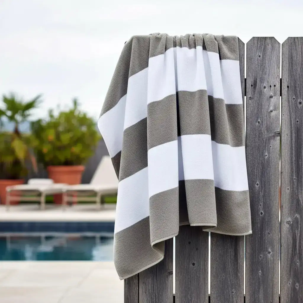 Stone and white broad stripe pool towel lifestyle image by Linen and Co - hospitality pool towel
