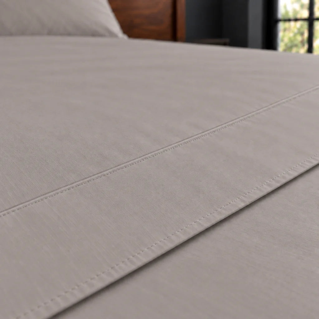 stone cotton percale 200tc flat sheet, plain no satin stitch — close up — Linen and Co