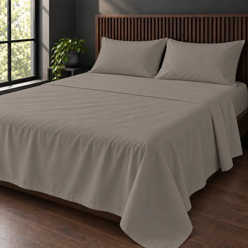 stone cotton percale 200tc flat sheet, plain no satin stitch — hero — Linen and Co