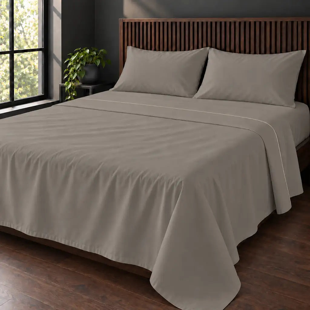 stone cotton percale 200tc flat sheet, one row cream satin stitch — hero — Linen and Co