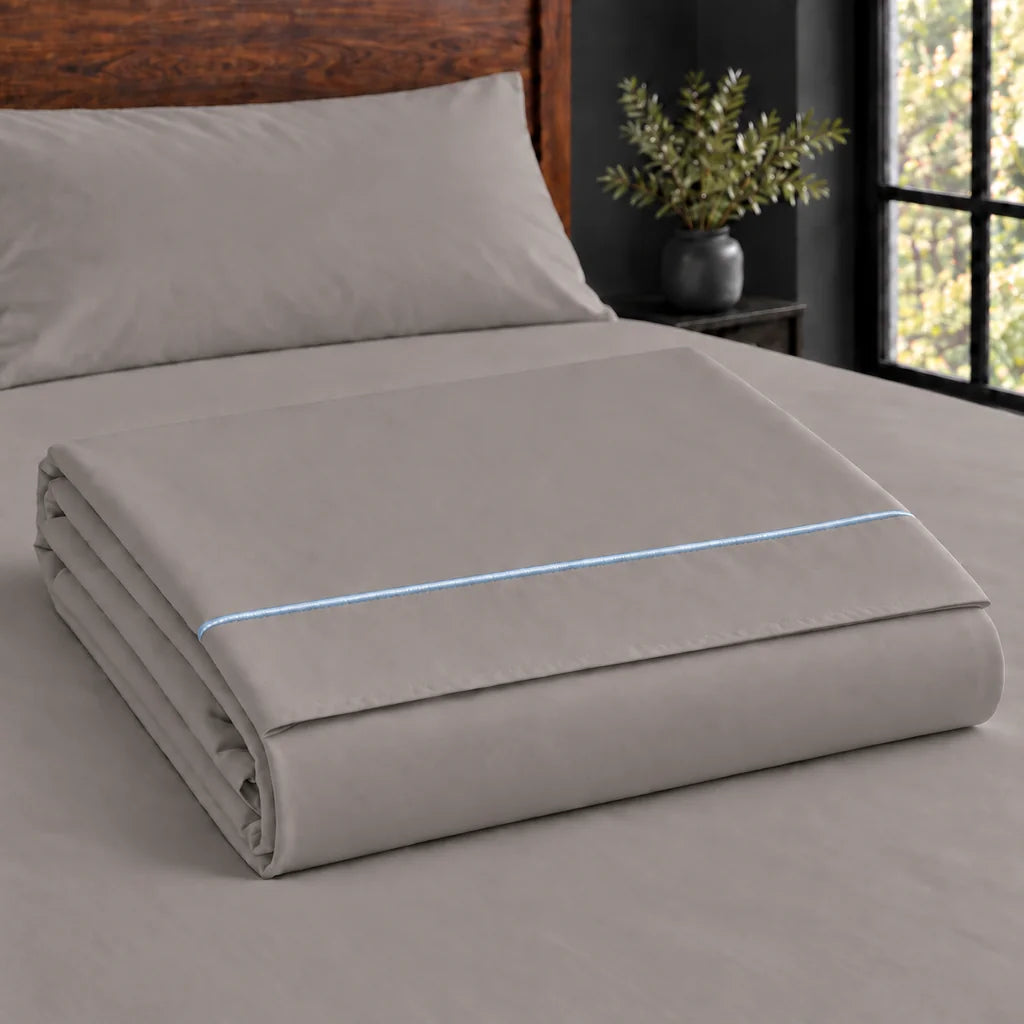 stone cotton percale 200tc flat sheet, one row duck egg satin stitch — construction — Linen and Co