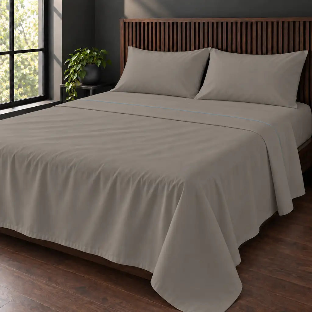 stone cotton percale 200tc flat sheet, one row duck egg satin stitch — hero — Linen and Co