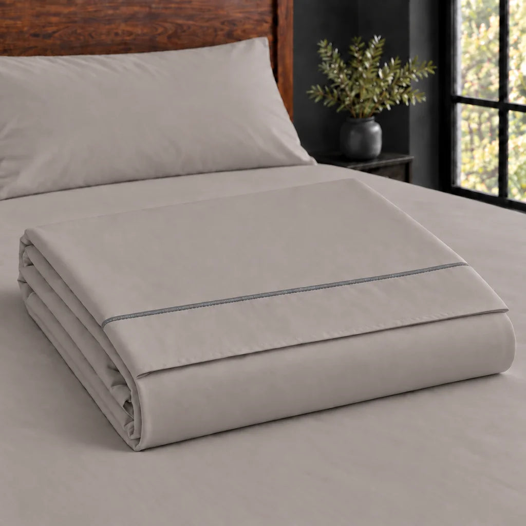 stone cotton percale 200tc flat sheet, one row grey satin stitch — construction — Linen and Co