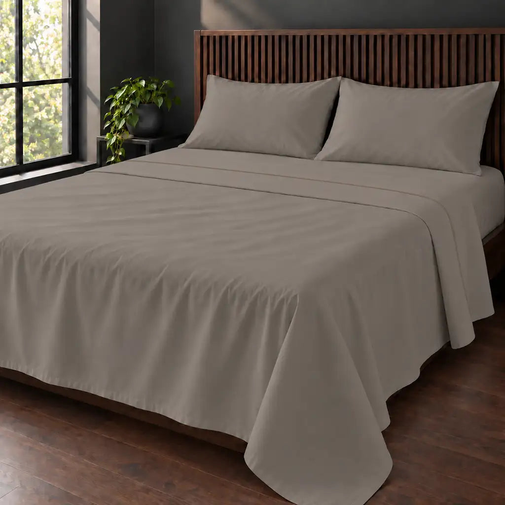 stone cotton percale 200tc flat sheet, one row stone satin stitch — hero — Linen and Co